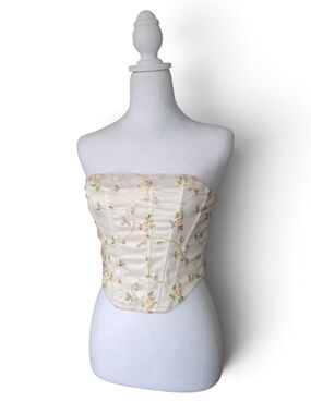Floral Embroidery Mesh Corset Bustier Romantic Fairycore Ivory Peach Green S